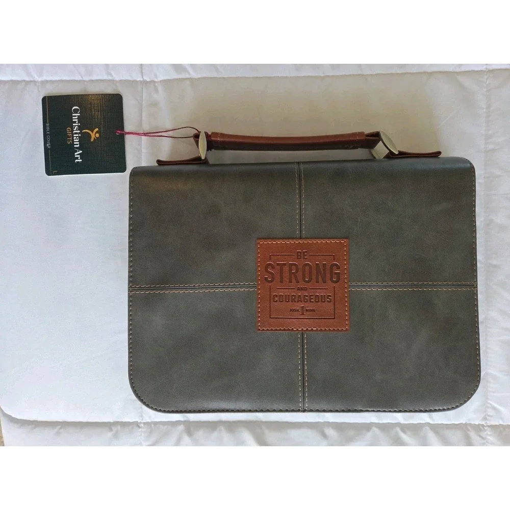 Men's Bible Cover - Be Strong and Courageous, Gray Faux Leather